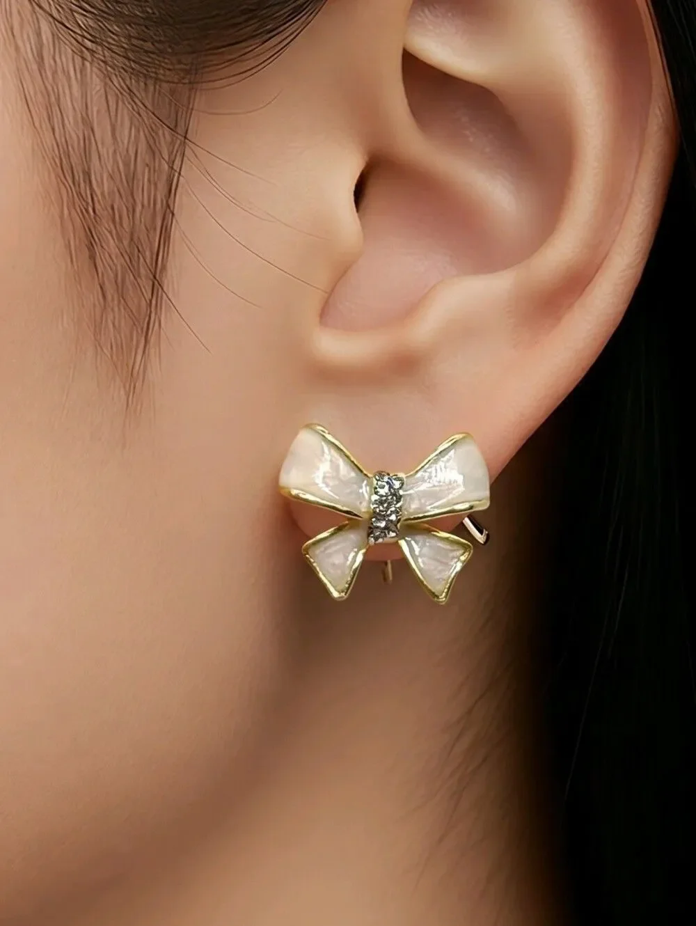 Ivory Bow Stud Earrings Gold Rhinestone Ribbon Elegant Coquette Jewelry